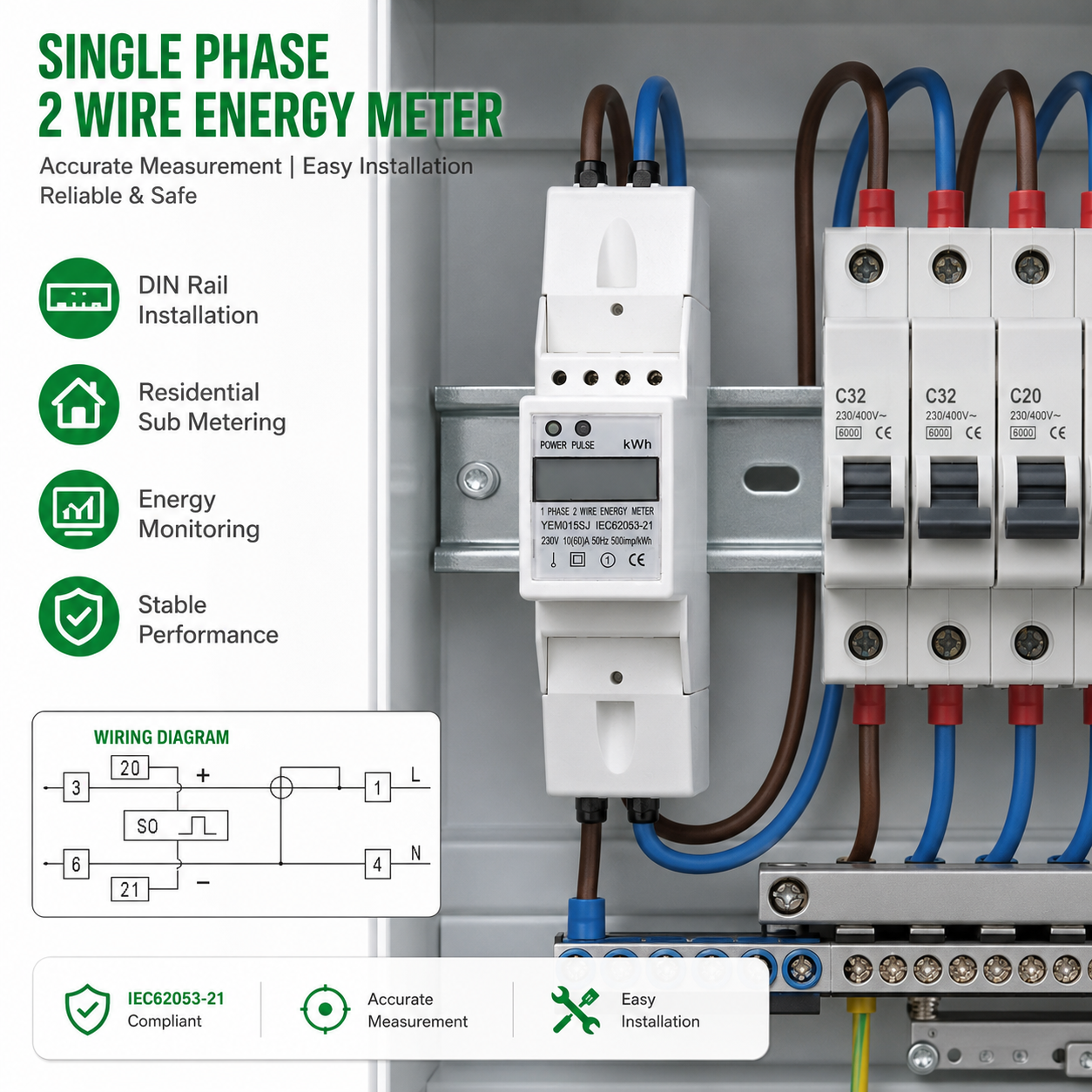 New Type  Lcd Display and Pulse Output 35mm Standard DIN Rail Active Electric Single Phase 2P Din Rail Digital Energy Meter