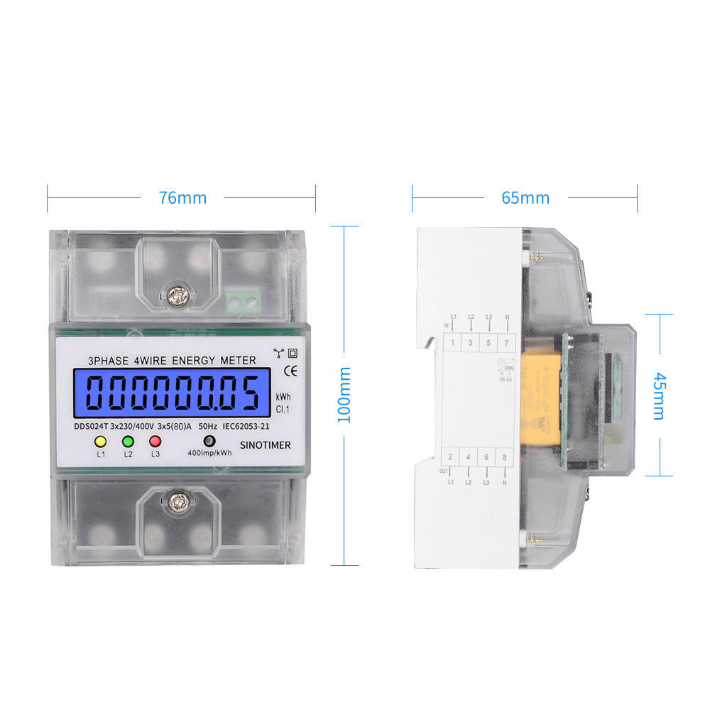Power Monitoring LCD Transparent Cover and Backlight Rail-mounted Electricity AC Active Kwh Meter Three Phase Energy Meters