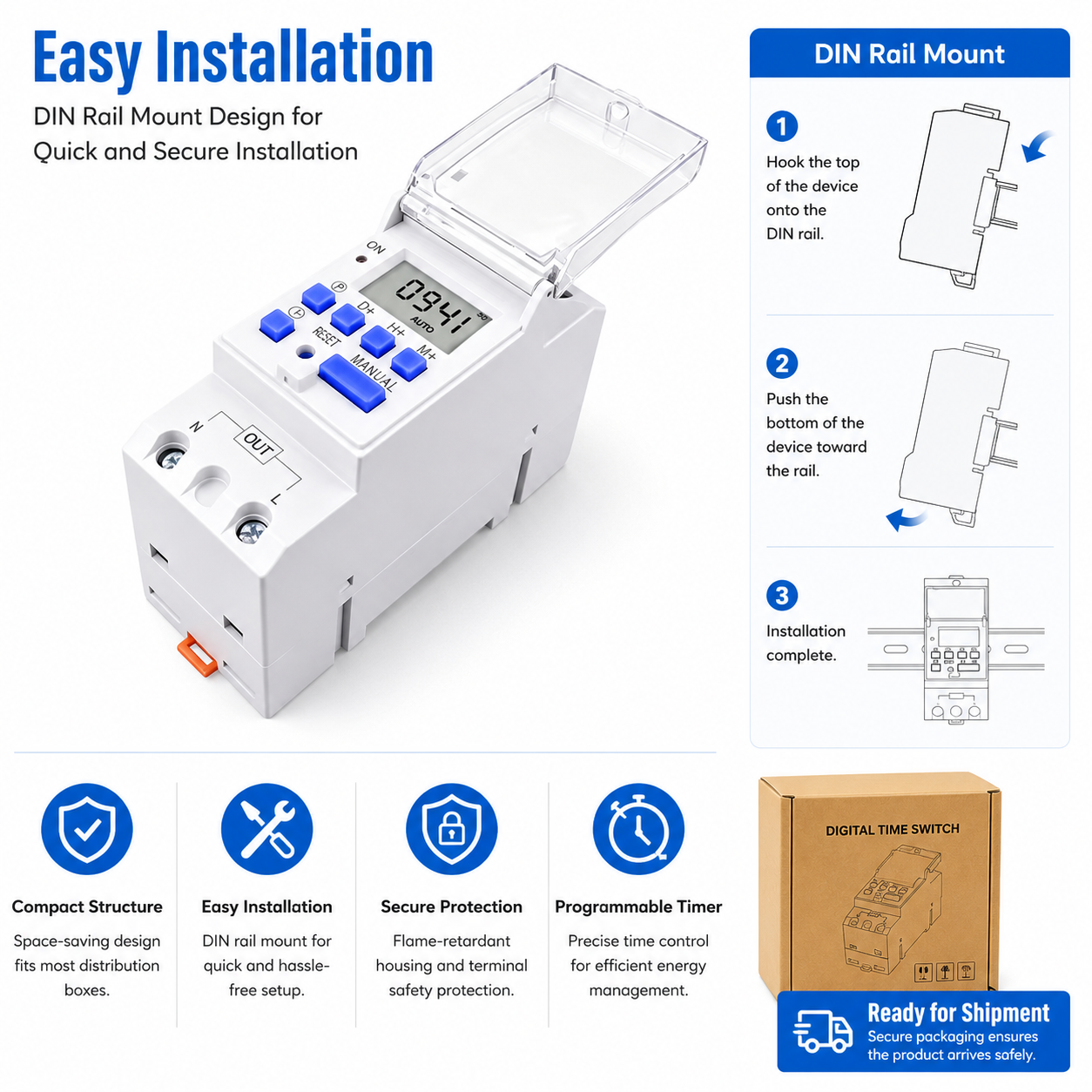 30A IP65 60Hz 1NO 1NC Din Rail Single Phase Weekly 7 Days Programmable Battery Powered Digital Time Switch Relay Timer
