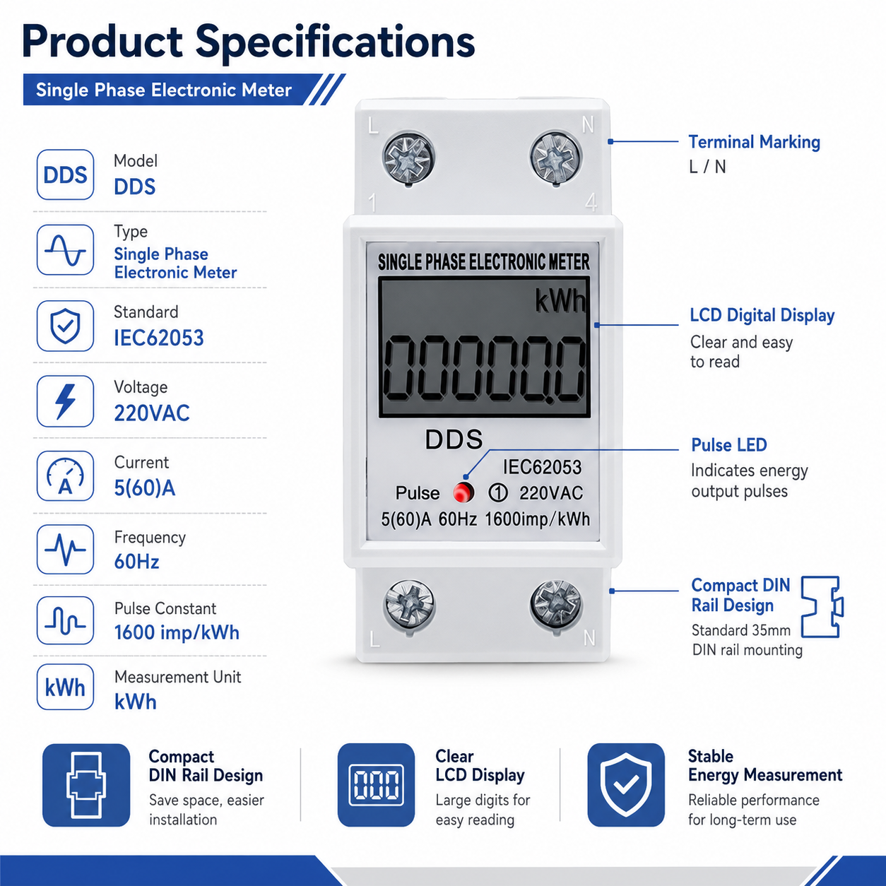 80A LED Backlight Digital Display Wattmeter Power Electric 1.0 Accuracy Class Single Phase Electronic Rail Mounted Energy Meter