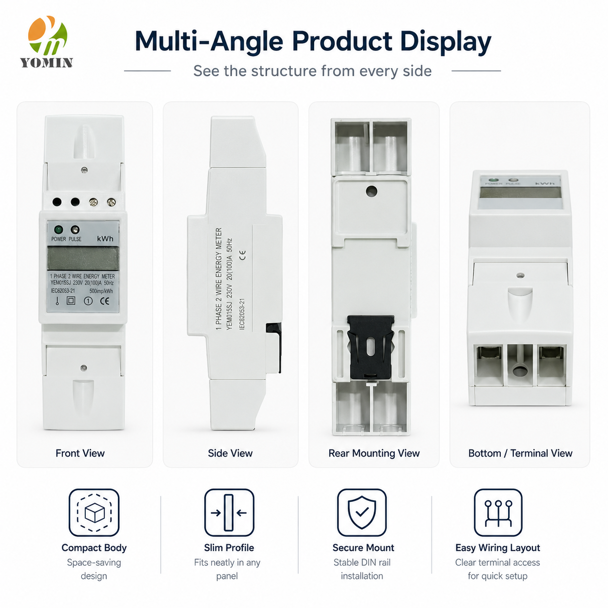 YEM015SJ Single-Phase Digital Electronic LCD Kwh Meter 2-Pole Modules DIN Rail Installation with RS485 Watt-Hour Display