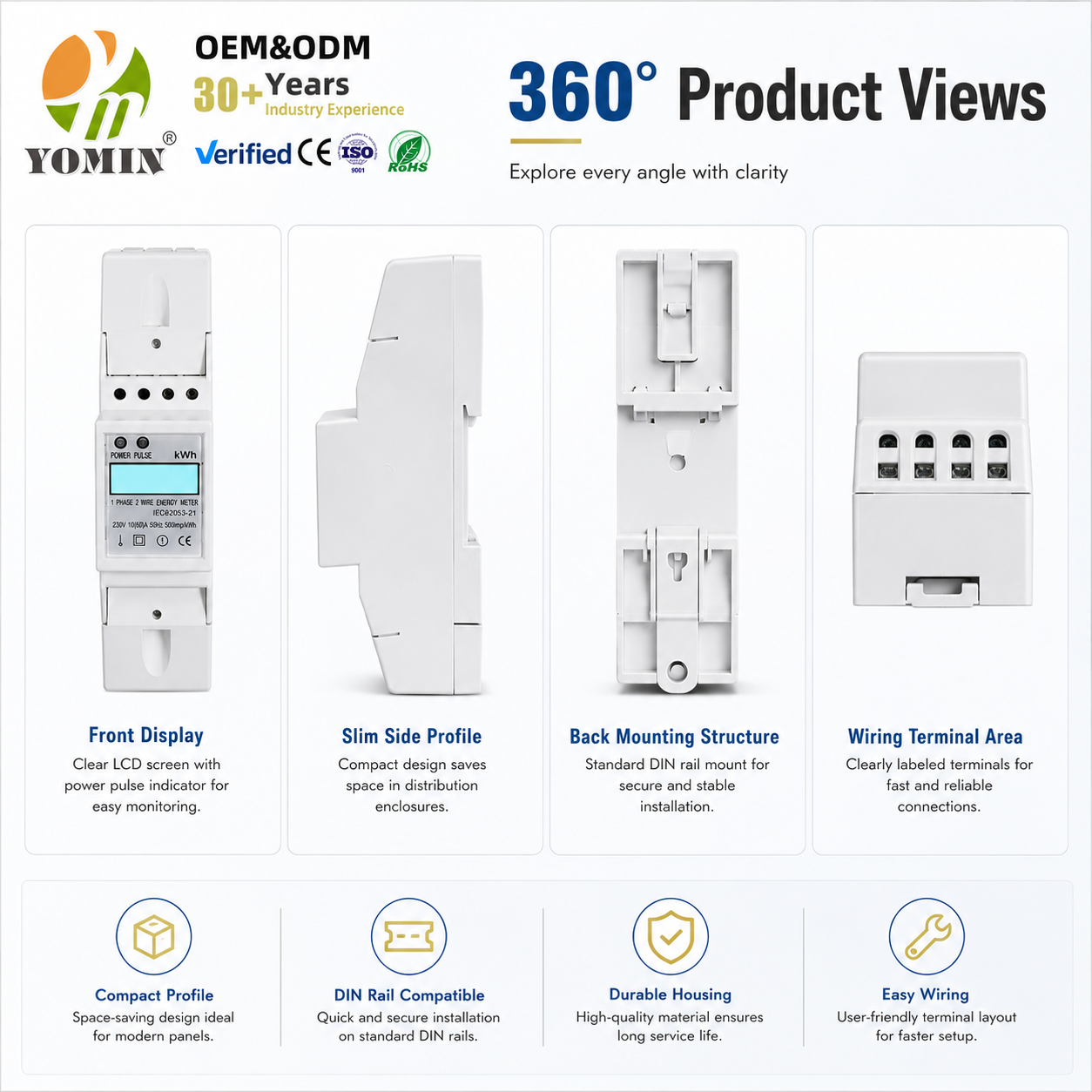 New Type Single-Phase KWH Frequency Energy Meter Pulse Output Din Rail Active Meter 60A Maximum Current with LCD Display