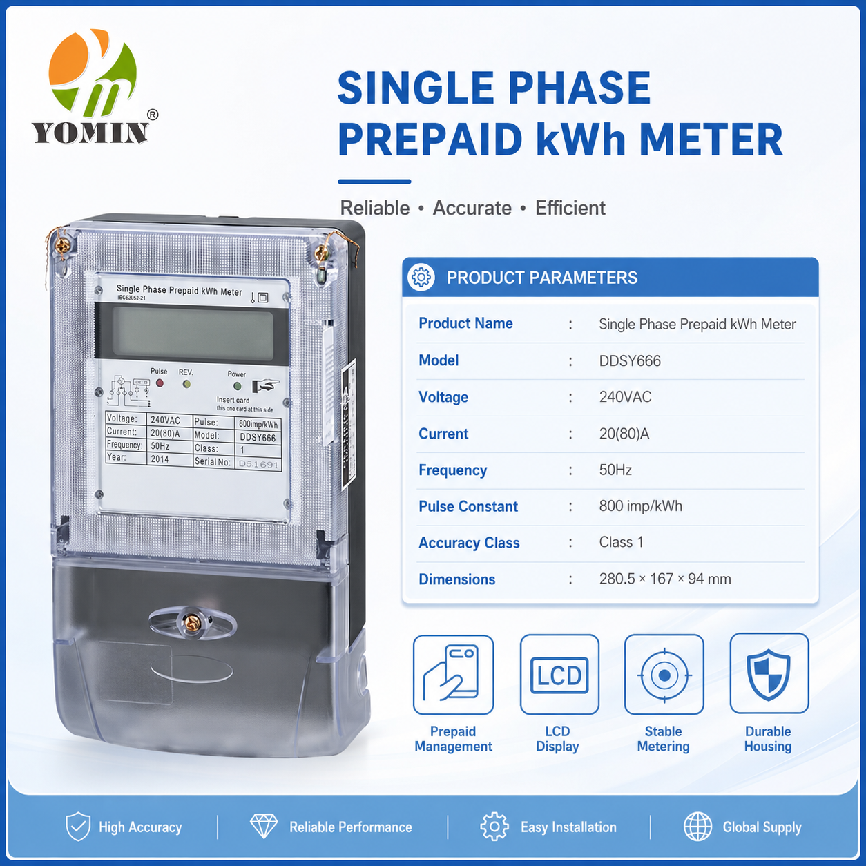 Single Phase Prepaid KWH Meter Installed Front Board Front-Loaded Digital IC Card Energy Meter for Prepaid Electricity Supply