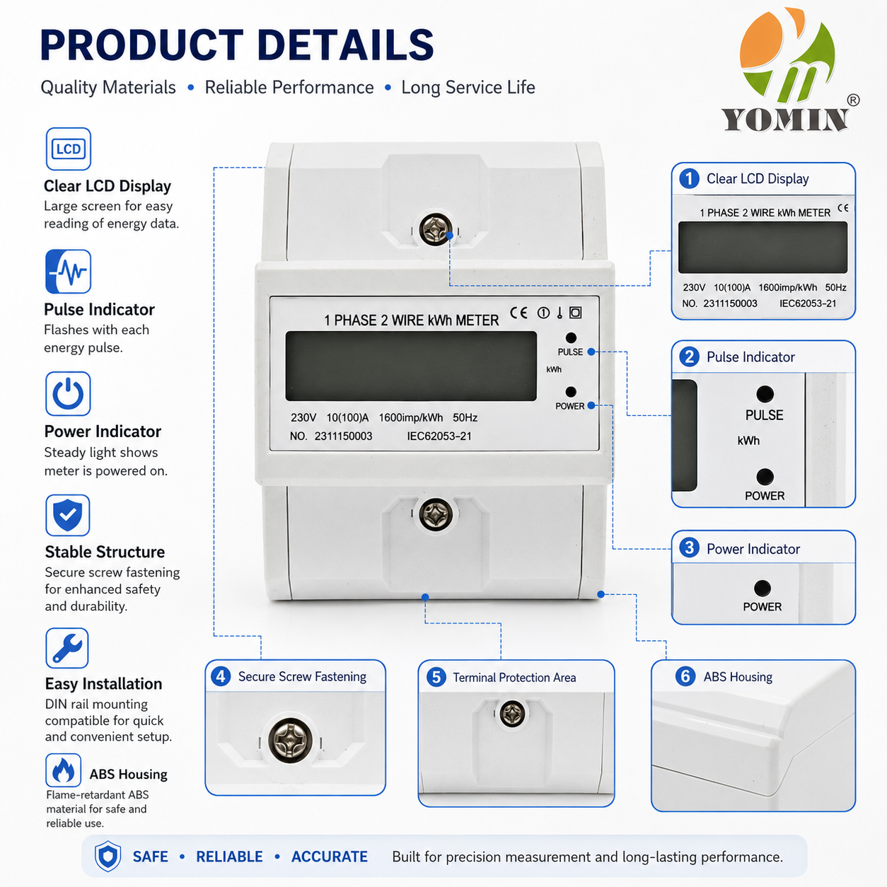 Wide Current Range Single Phase Two Wire LCD Digital Energy Meter 230V 10A 1.0 Accuracy High-Accuracy kWh Meter