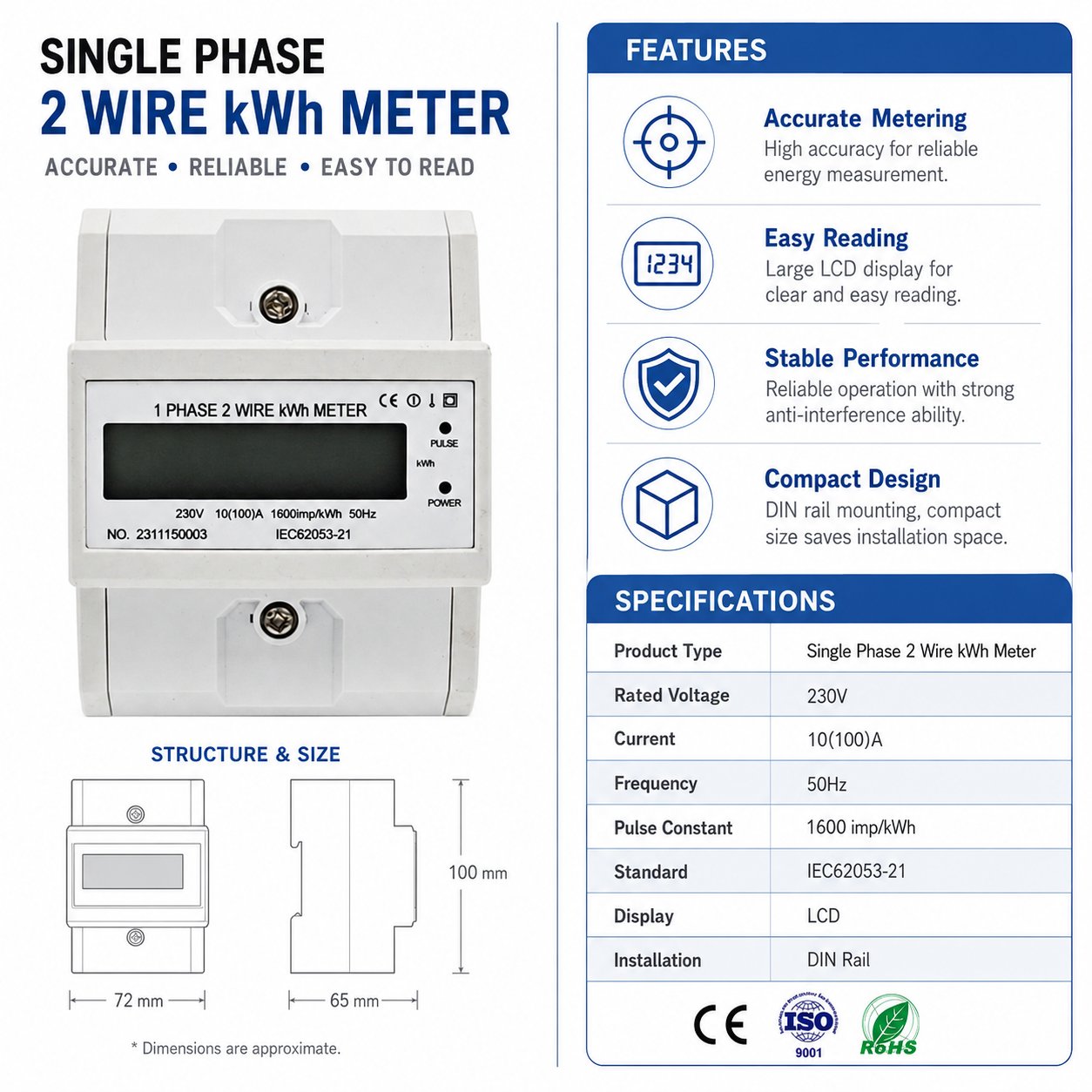 Wide Current Range Single Phase Two Wire LCD Digital Energy Meter 230V 10A 1.0 Accuracy High-Accuracy kWh Meter