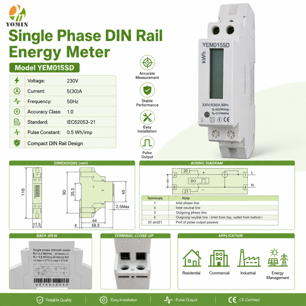 LCD Display 5(30)A Active Net Metering 35mm DIN Rails Electricity Smart Electric Single Phase Energy Meters with Counter