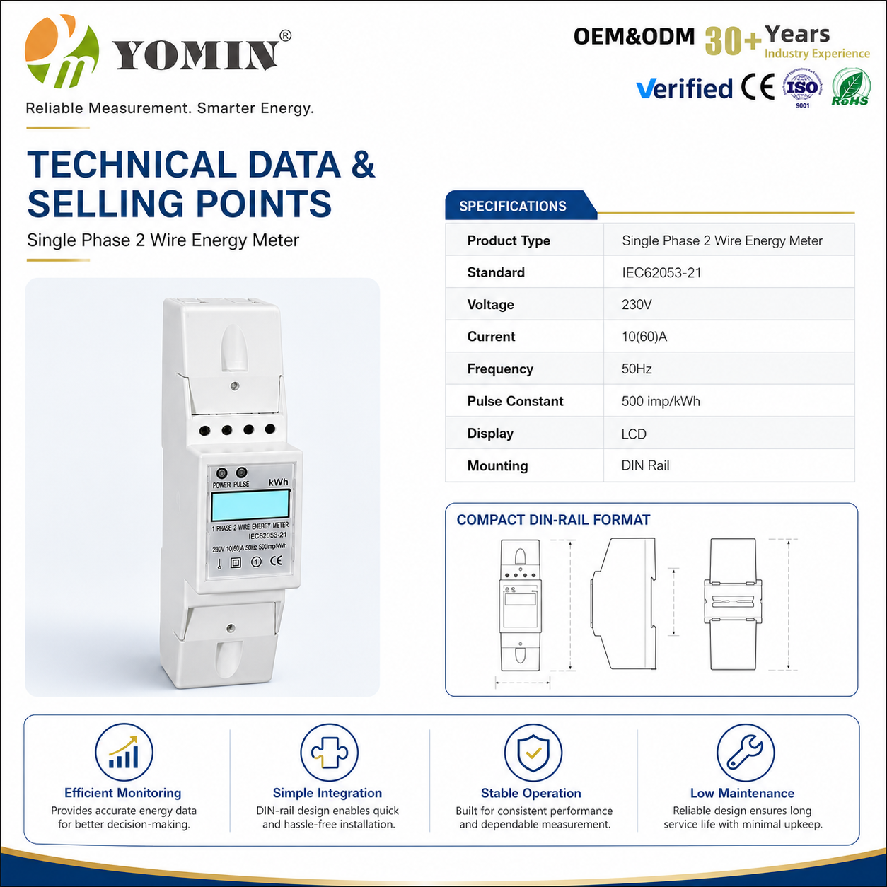 New Type Single-Phase KWH Frequency Energy Meter Pulse Output Din Rail Active Meter 60A Maximum Current with LCD Display