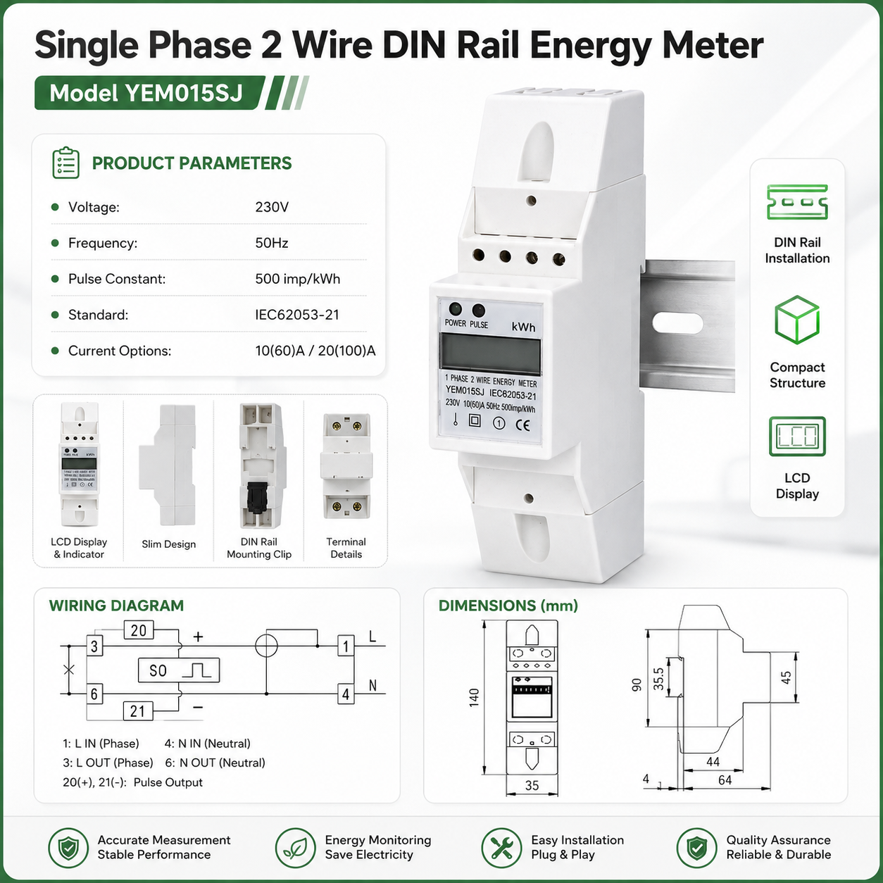 New Type  Lcd Display and Pulse Output 35mm Standard DIN Rail Active Electric Single Phase 2P Din Rail Digital Energy Meter