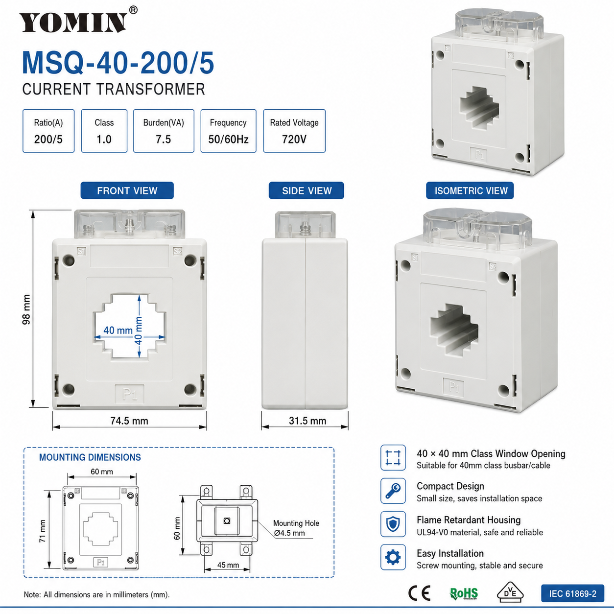 MSQ Type CT 220KV Input Voltage Transformer 110V Output Current Low Voltage Applications 220V Output Current Transformer CT