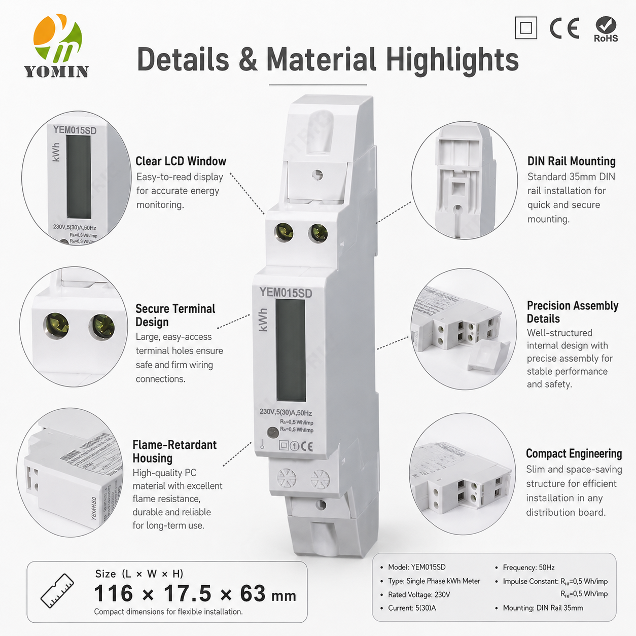 High-Precision Electric Energy Meter Intelligent Single Phase Digital Display Meter DIN Rail Energy Meter for Energy Monitor