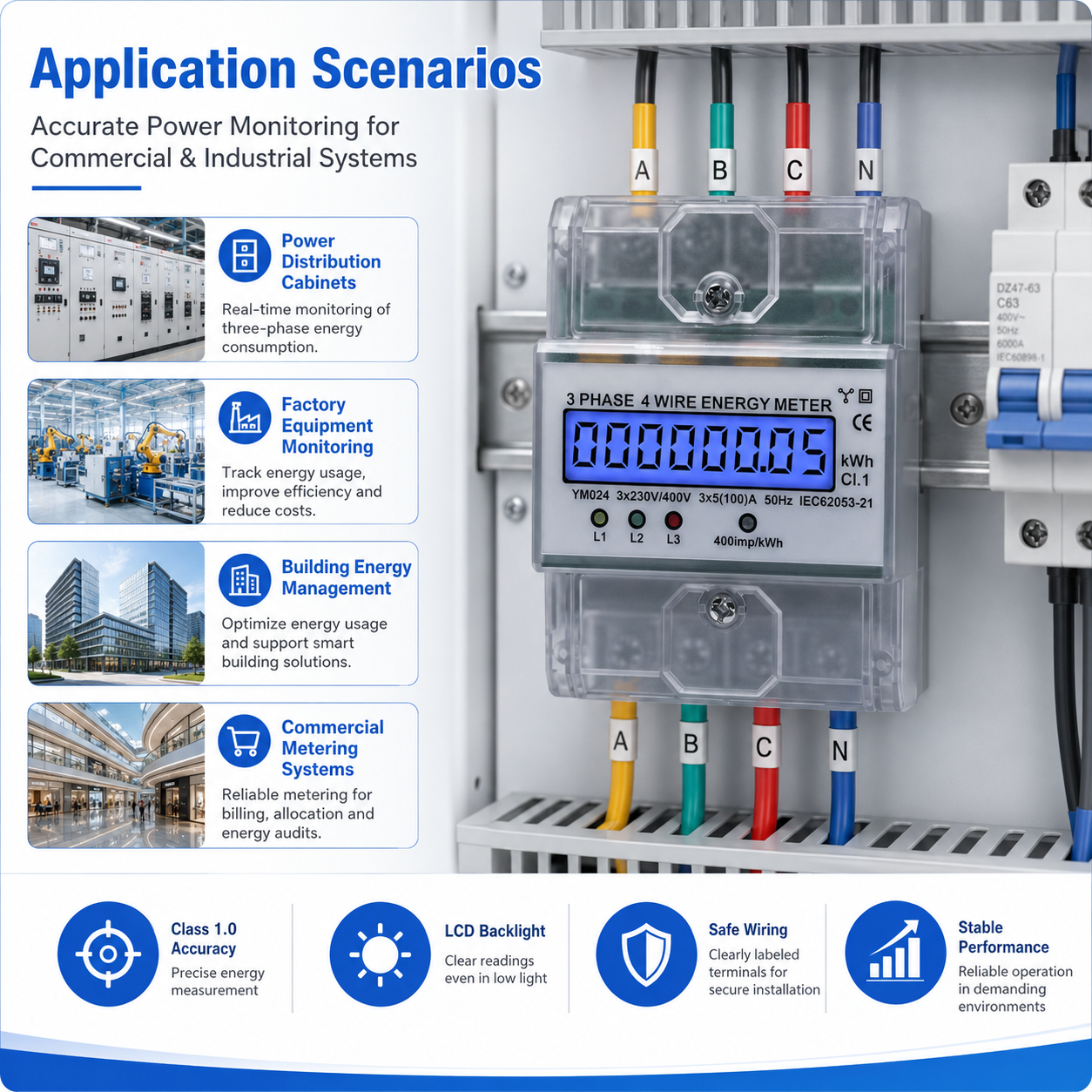 Factory Price 4P LCD 230V Rail-mounted Electricity AC Active Three Phase 4 Wire Energy Meters with Transparent Cover & Backlight