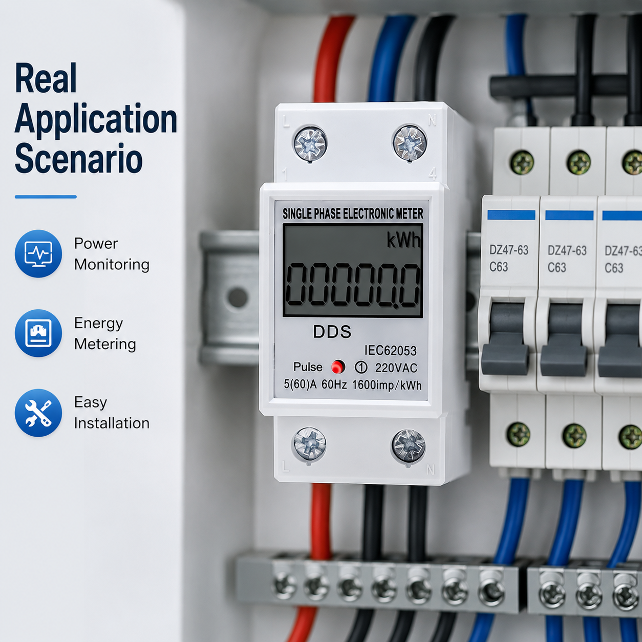 80A LED Backlight Digital Display Wattmeter Power Electric 1.0 Accuracy Class Single Phase Electronic Rail Mounted Energy Meter