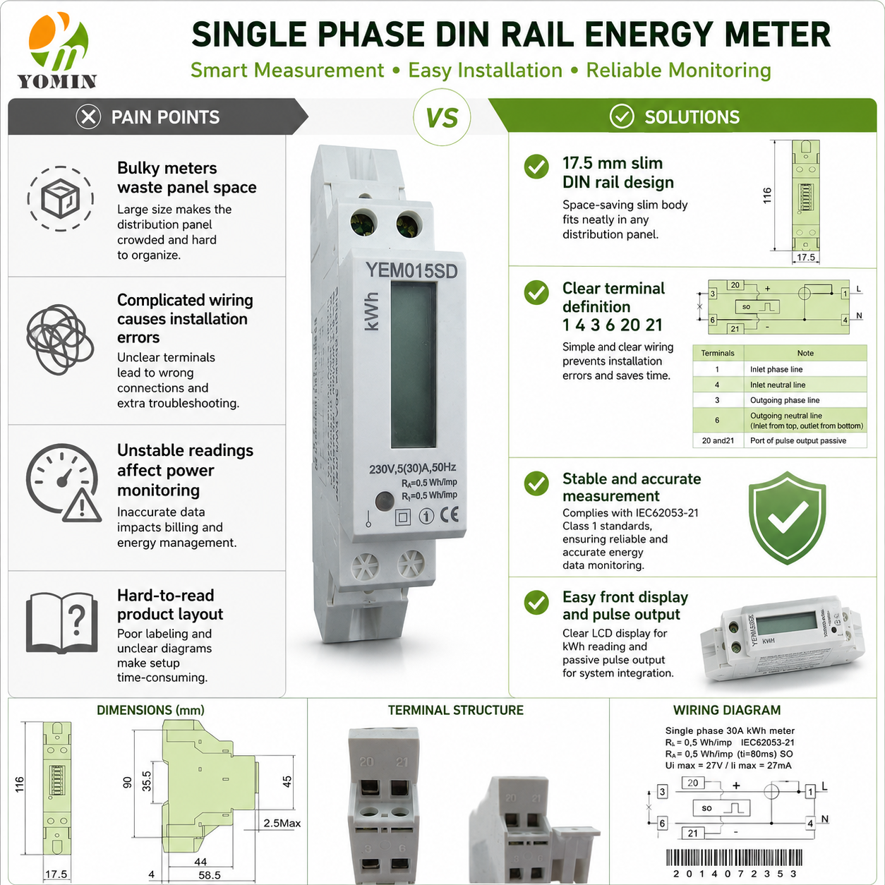 LCD Display 5(30)A Active Net Metering 35mm DIN Rails Electricity Smart Electric Single Phase Energy Meters with Counter