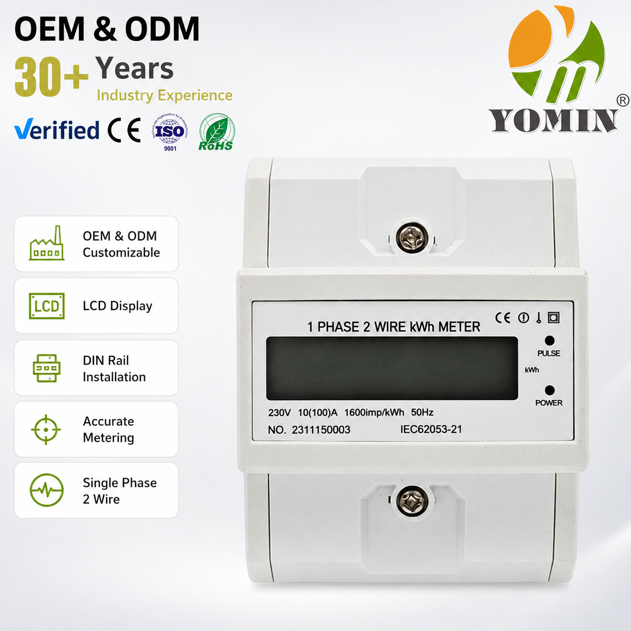 Wide Current Range Single Phase Two Wire LCD Digital Energy Meter 230V 10A 1.0 Accuracy High-Accuracy kWh Meter