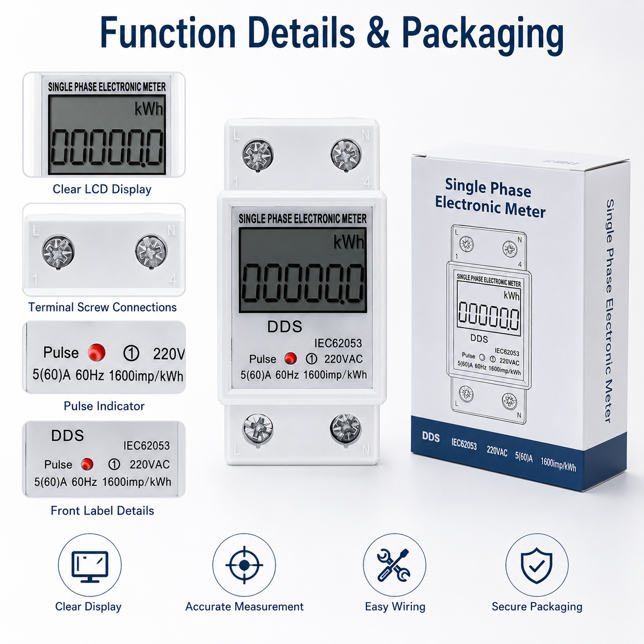 80A LED Backlight Digital Display Wattmeter Power Electric 1.0 Accuracy Class Single Phase Electronic Rail Mounted Energy Meter