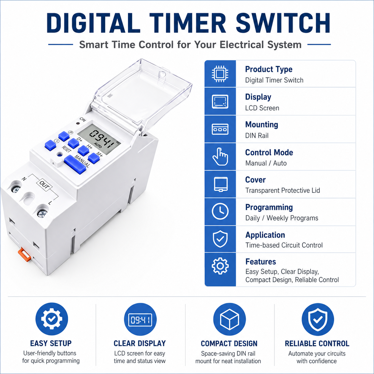 30A IP65 60Hz 1NO 1NC Din Rail Single Phase Weekly 7 Days Programmable Battery Powered Digital Time Switch Relay Timer