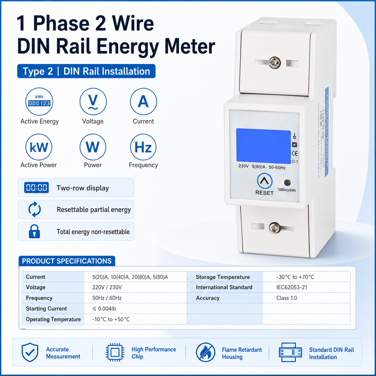 Single-Phase Din Rail LCD Display Key Reset Electric Meter Household Rail-Mounted 5 80A 230V KWH Meter Energy Meter for Shops