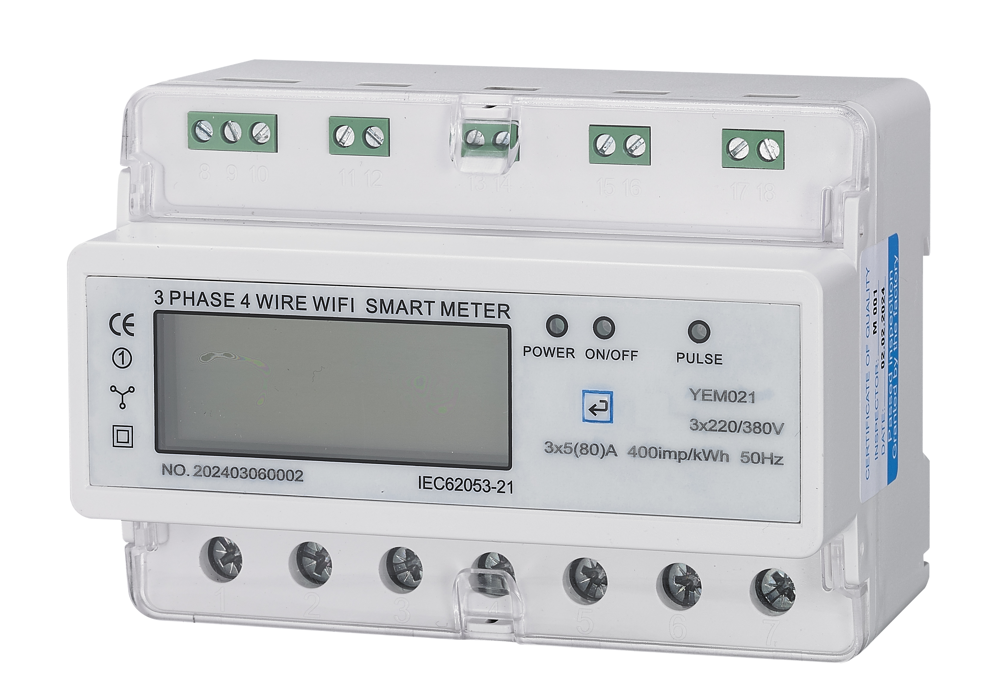 Three Phase 380V Four Wire 7P Remote Reading and Control WIFI Din Rail Smart Energy Meter With Relay Can Use APP