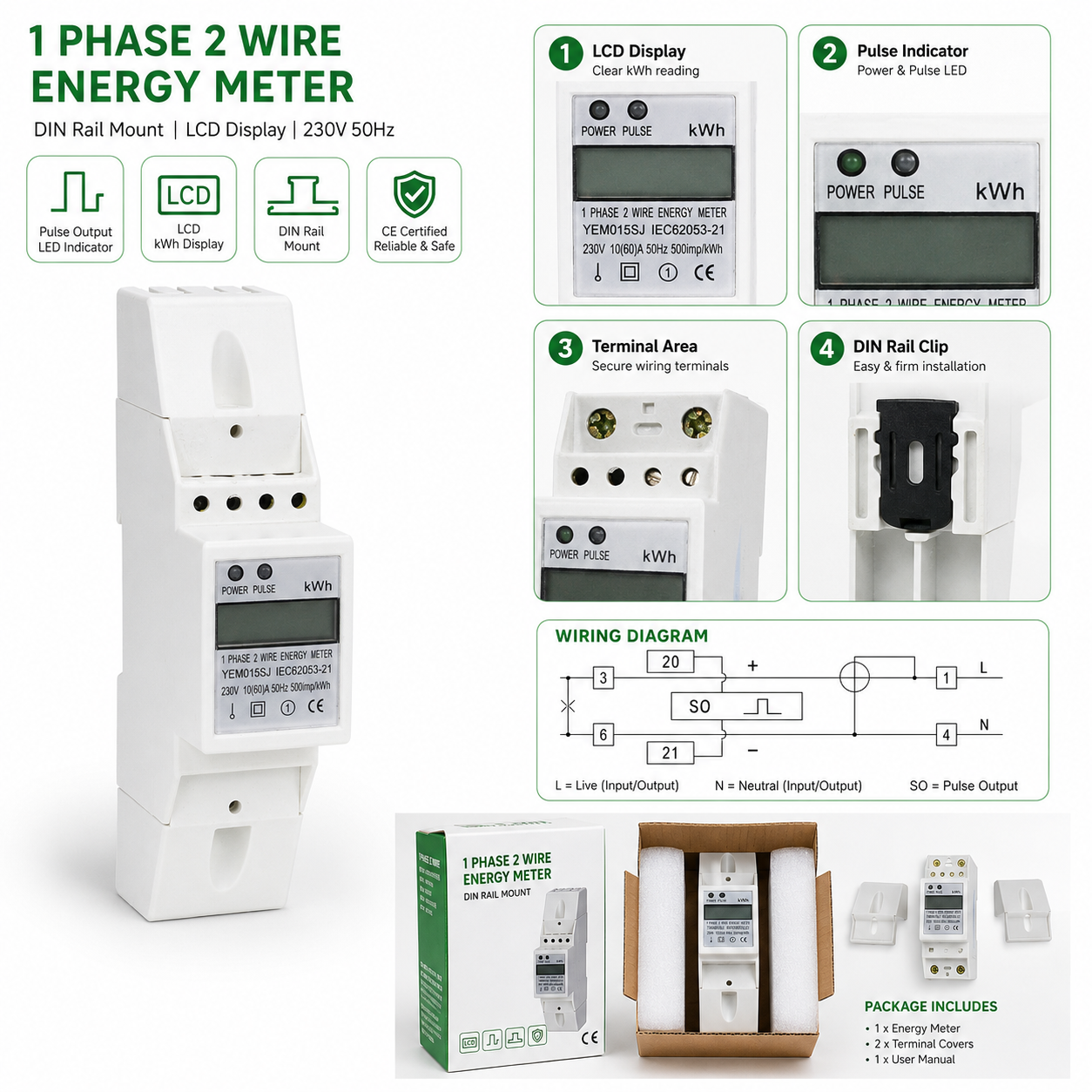 New Type  Lcd Display and Pulse Output 35mm Standard DIN Rail Active Electric Single Phase 2P Din Rail Digital Energy Meter