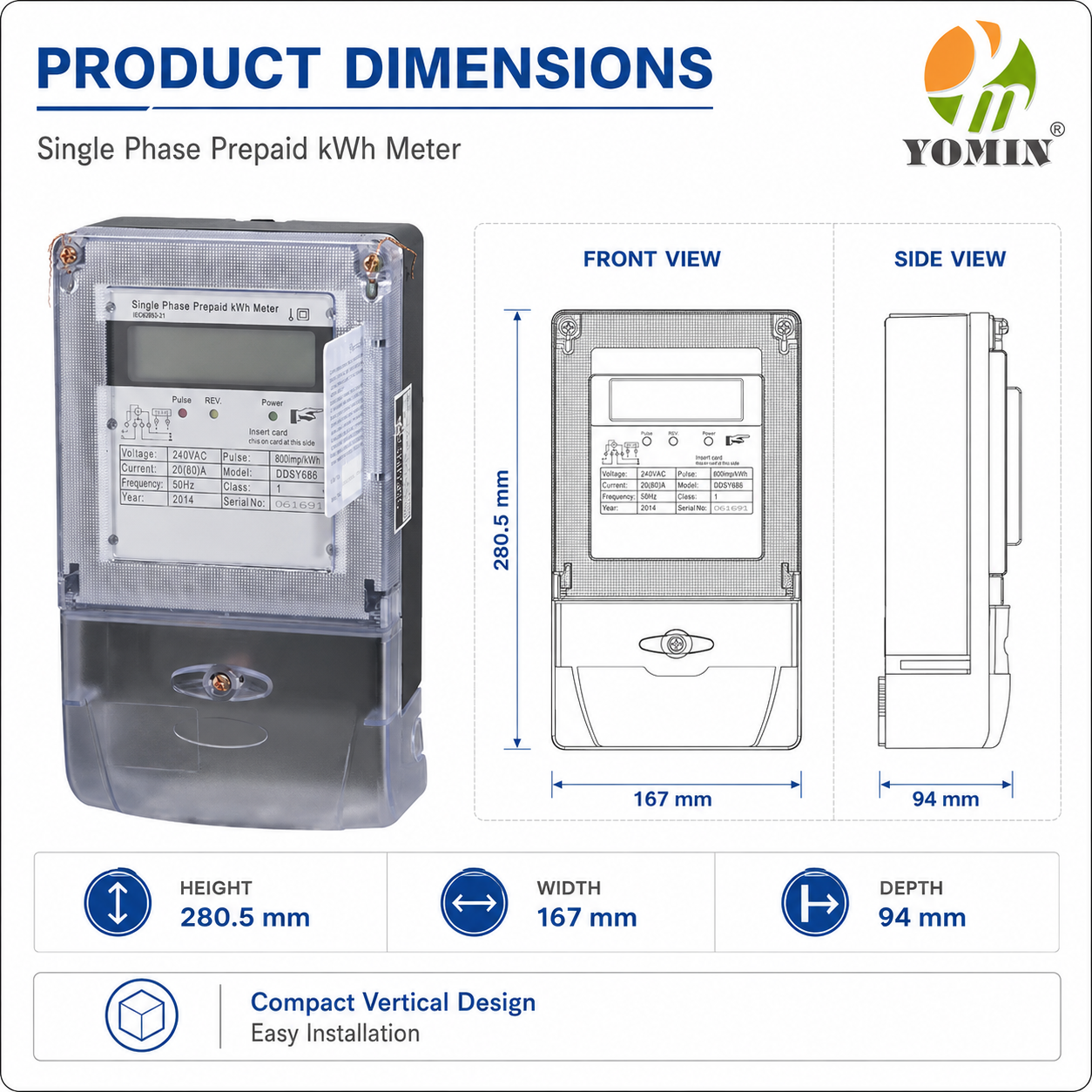 Single Phase Prepaid KWH Meter Installed Front Board Front-Loaded Digital IC Card Energy Meter for Prepaid Electricity Supply