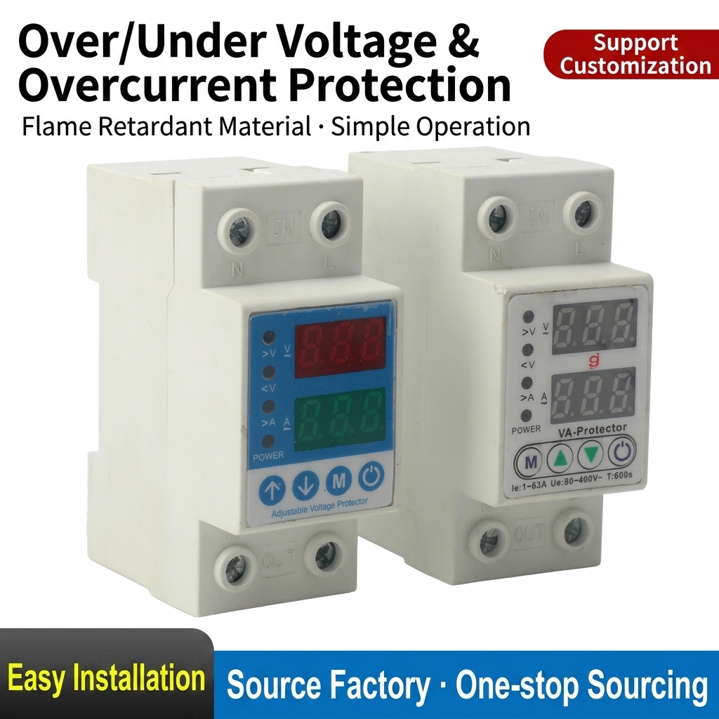 Digital display self-resetting over/under voltage protector, adjustable overcurrent and leakage protector, din rail mount voltage and current monitor for home use